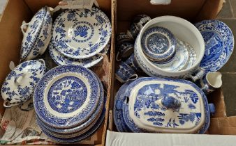 Two boxes of blue and white pottery