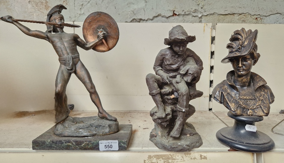 Spelter warrior, spelter bust and composition figure