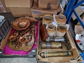 Two boxes of assorted metal ware including two miner's lamps, together with four stoneware jars