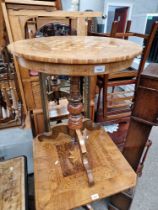A Victorian parquetry inlaid walnut pedestal table with chess board top.