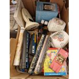 A box of mixed collectables including Beatrix Potter, model railway items, die cast vehicles, etc.