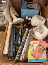 A box of mixed collectables including Beatrix Potter, model railway items, die cast vehicles, etc.