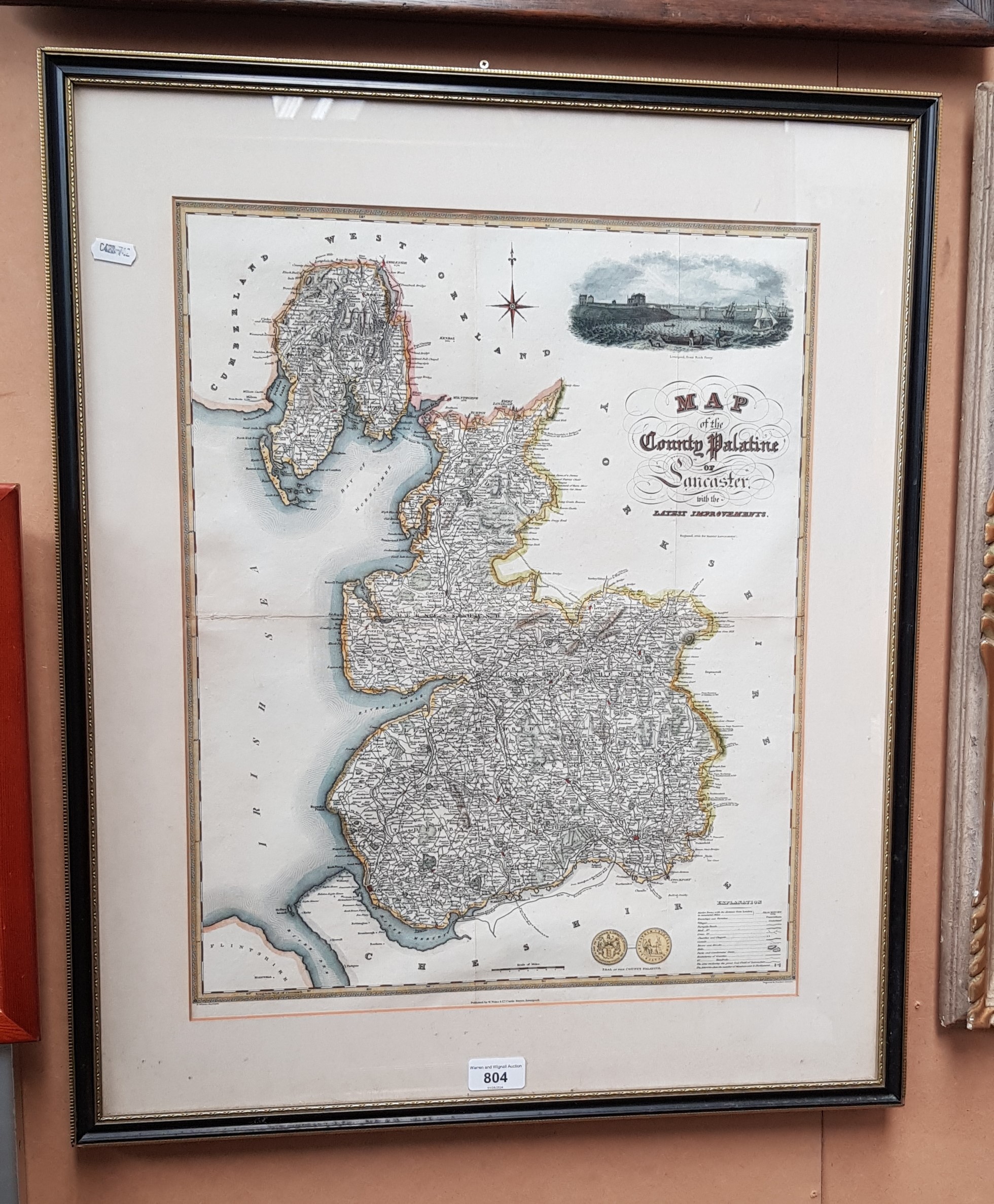 A 19th century hand coloured map of lancashire by E Baines 1824, framed and glazed, 55.5cm x 67cm.