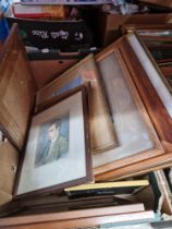 A box of pictures including works, watercolours, portraits, etc.
