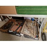 Five boxes of engineer's and carpenter's hand tools including planes, spanners, hand drills, bending