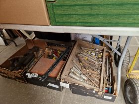 Five boxes of engineer's and carpenter's hand tools including planes, spanners, hand drills, bending