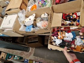 Three boxes of assorted collectables including collectors plates, dolls house dolls and furniture,