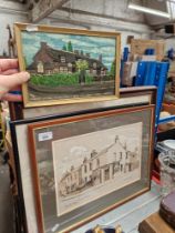 Assorted pictures comprising a mixed media inscribed "1938 Meadows Cottage Old Mill Lane - Gores