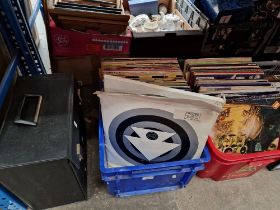 Two boxes and a case of records.