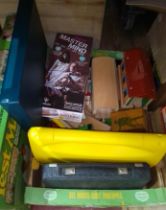 A box of assorted vintage toys including Test Match, Mastermind, a Brio train set etc.