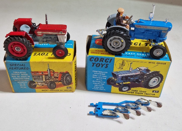 Two Corgi Toys diecast models, a 66 Massey Ferguson 165 Tractor & a 67 Ford 5000 Super Major