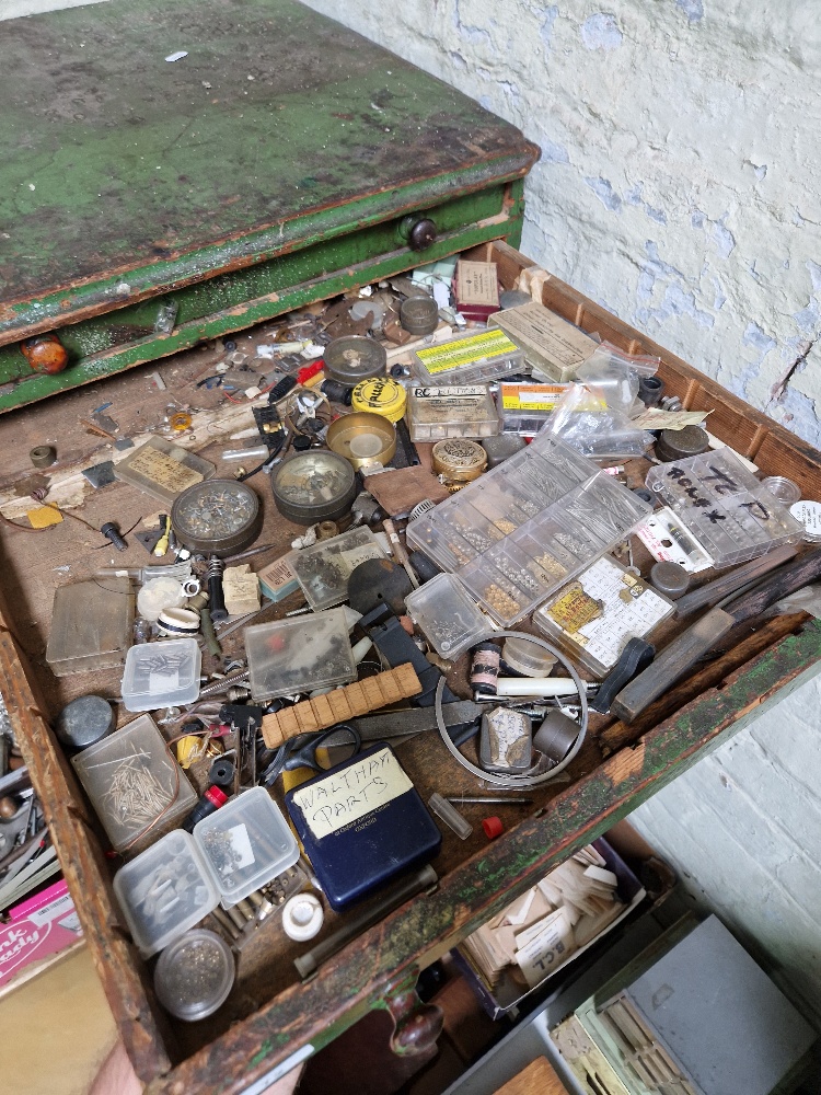 A large green horologist's chest and contents comprising watch and clock making spares. - Image 4 of 12