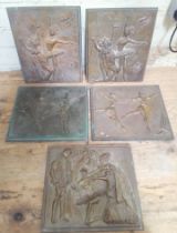 A group of five bronze plaques depicting dancers, approximately 27cm x 22cm each.