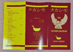 An original prop from the Peter Kay series 'Phoenix Nights', 'THE GOLDEN PHOENIX' take away menu.