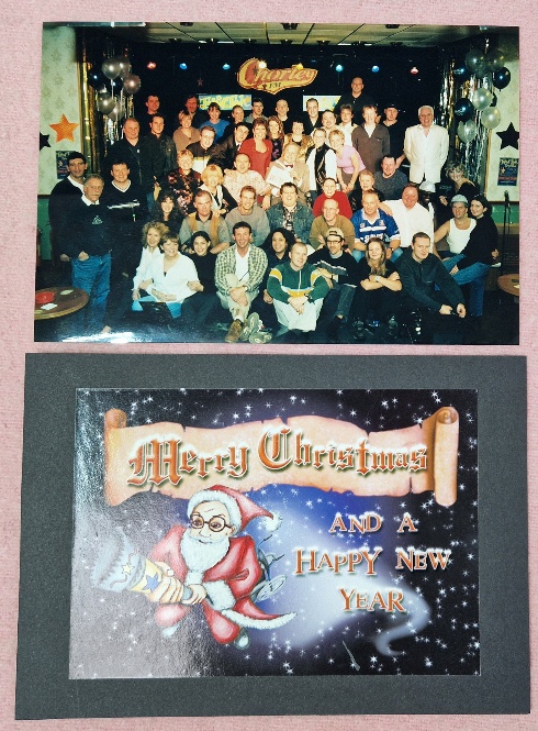 A photo of the original cast & crew from the Peter Kay series 'Phoenix Nights' & a 'Merry Christmas'