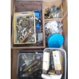 A box of mainly assorted horologist's spares and tools.