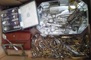 A box of assorted metal ware including Chinese white metal spoons, watch straps, silver etc.