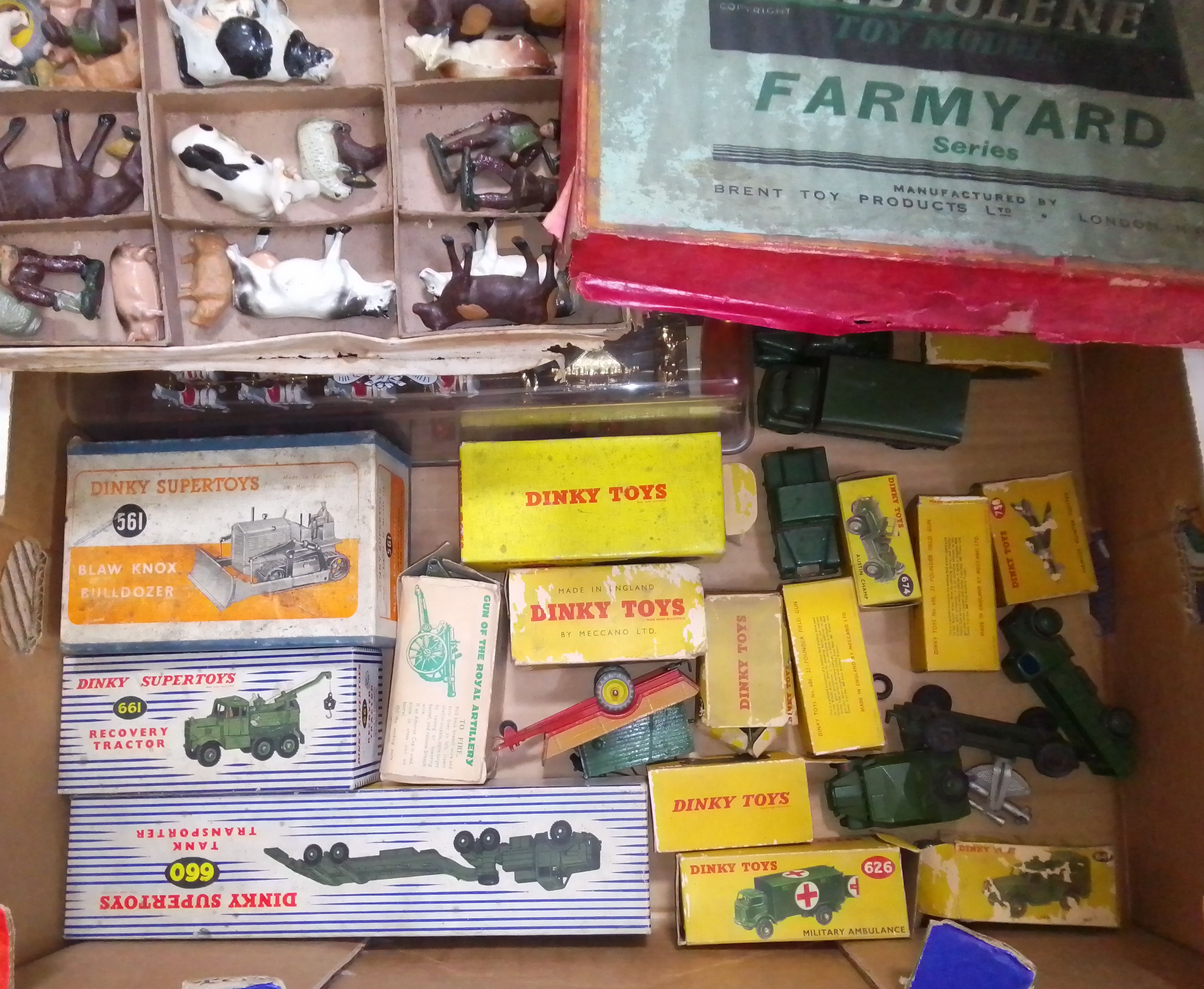 A box of mainly assorted Dinky toys including 561, 661 and 660, also including an Elastolene
