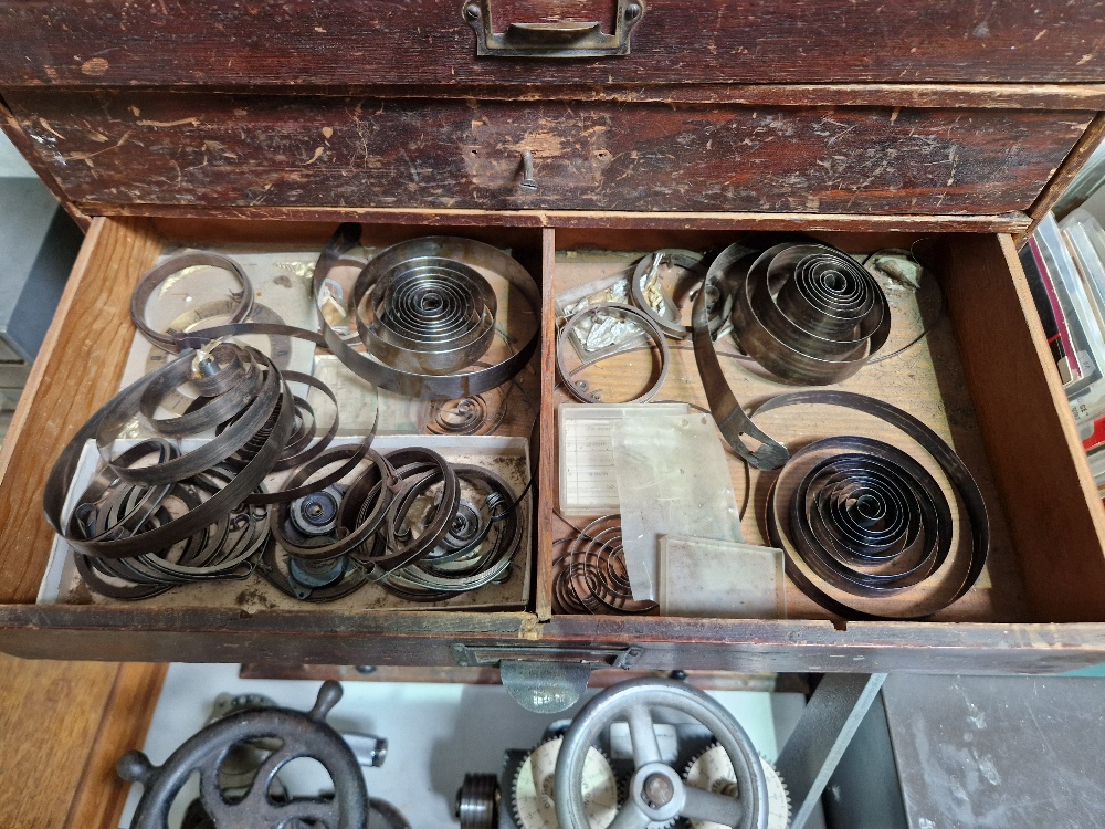 A five drawer horologist's chest and contents comprising watch and clock making spares. - Image 6 of 6