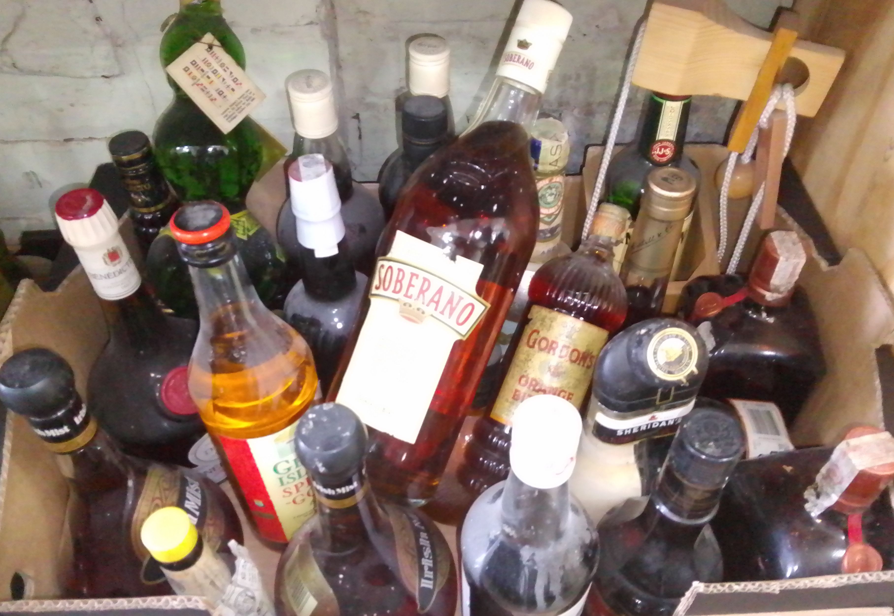 A box of assorted liquors.