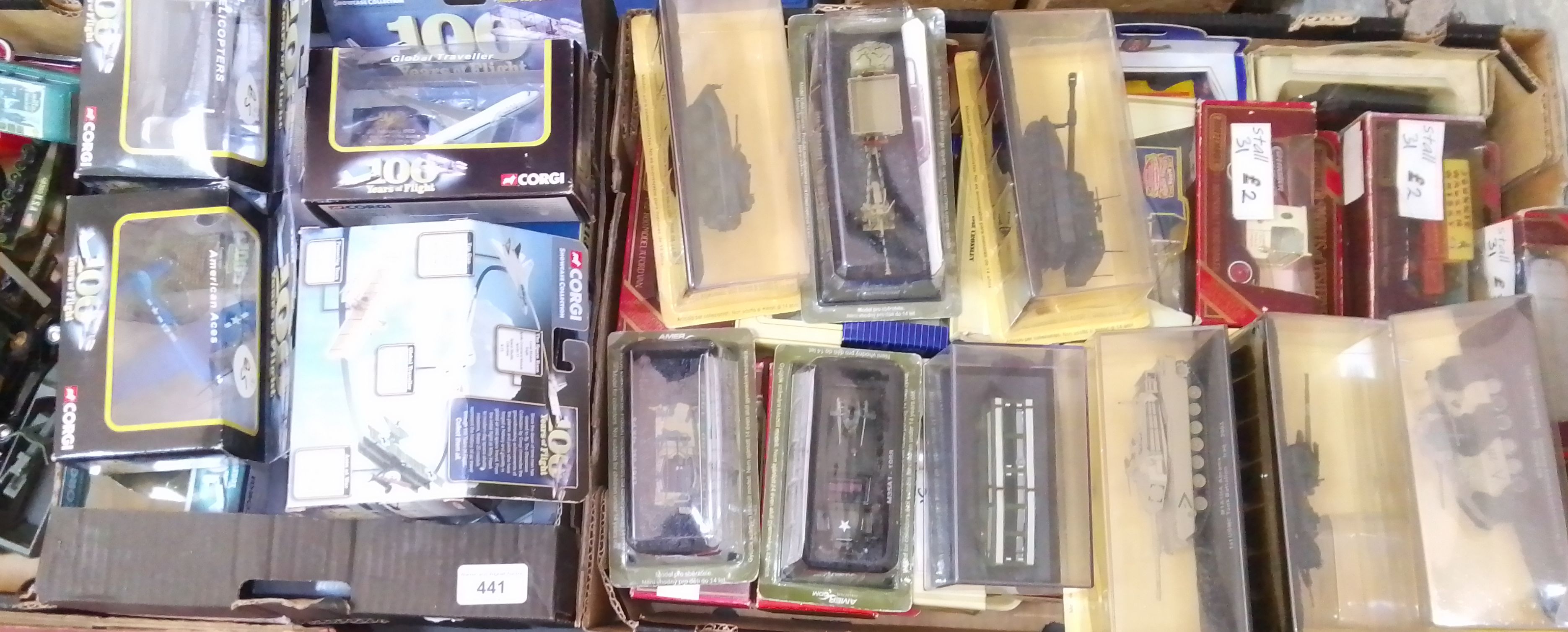 Two boxes of assorted die-cast vehicles including Corgi planes, tanks and Models of Yesteryear.