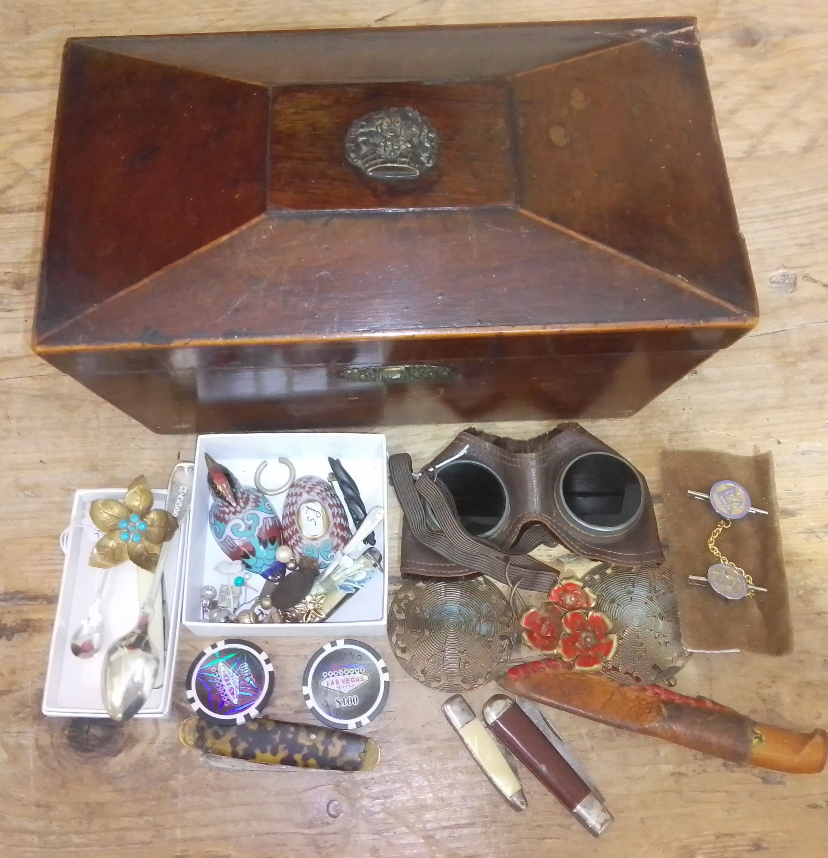 A Georgian tea caddy containing assorted collectables.