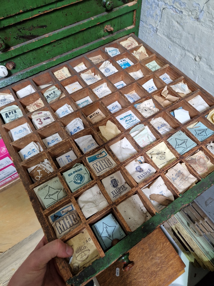 A large green horologist's chest and contents comprising watch and clock making spares. - Image 10 of 12