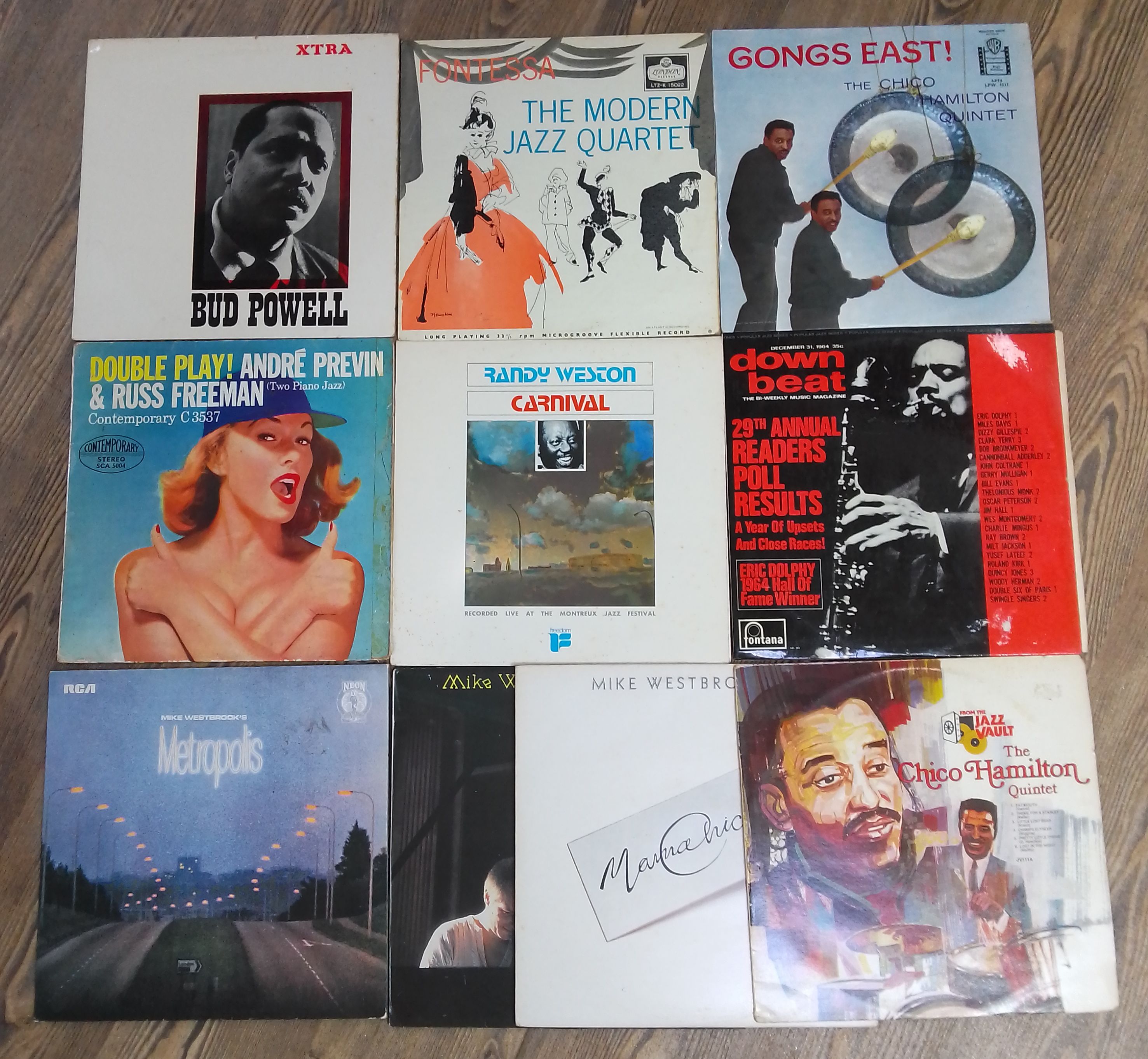 Ten assorted jazz LPs including two Chico Hamilton, Down Beat compilation, Randy Weston Carnival,