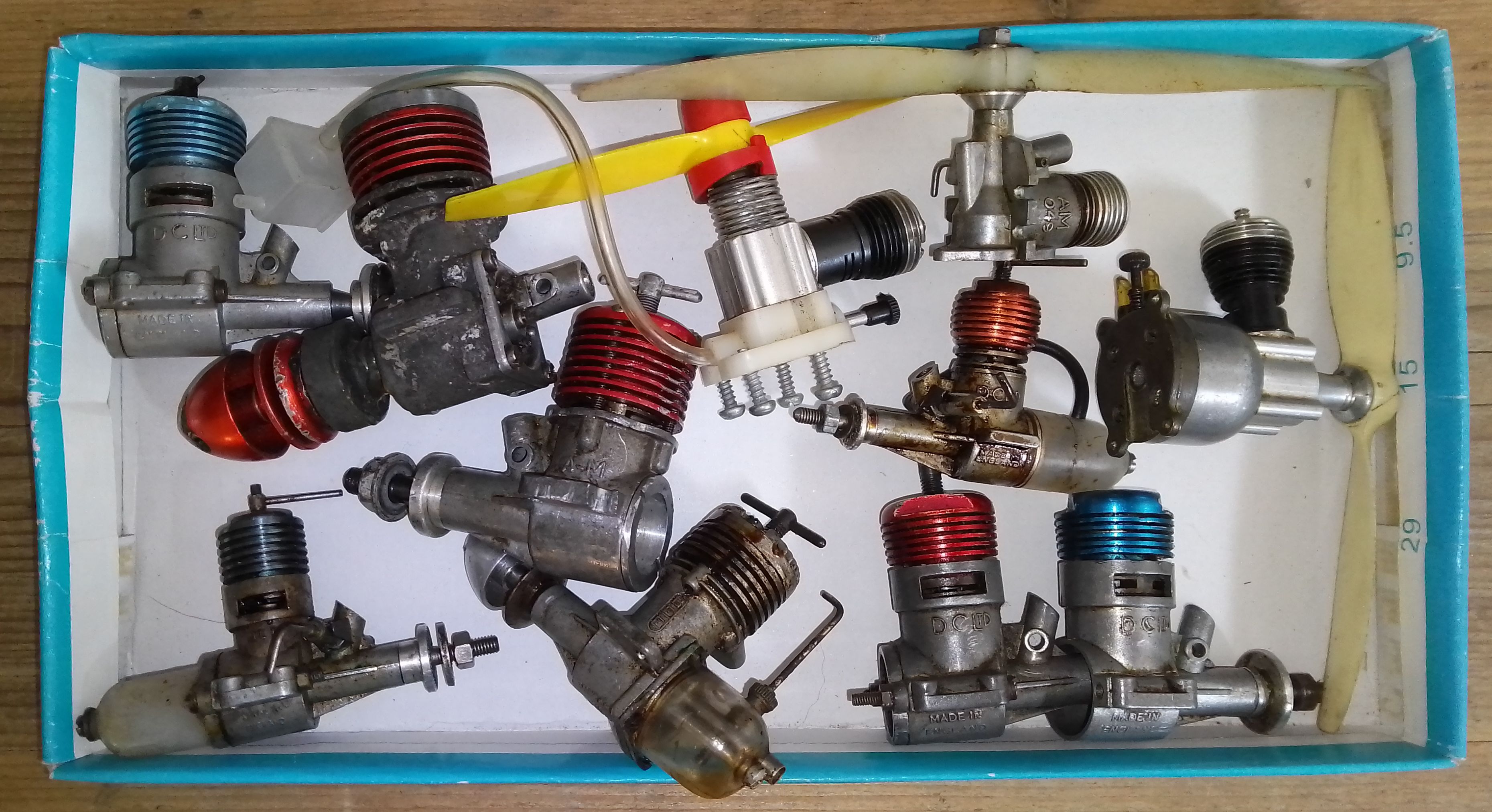 A group of eleven radio control aeroplane engines comprising five DC Ltd, an ED Bee, an ED 246, an