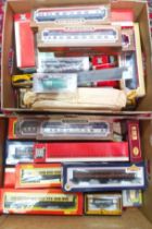 Two boxes of 00 gauge model railway including Hornby, Jouef, Rheincold, Mainline, Fleischmann etc.