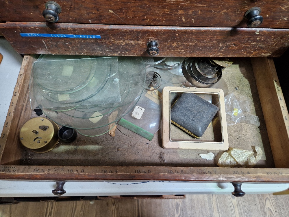 A horologist's five drawer chest and contents comprising watch and clock making spares. - Image 2 of 6
