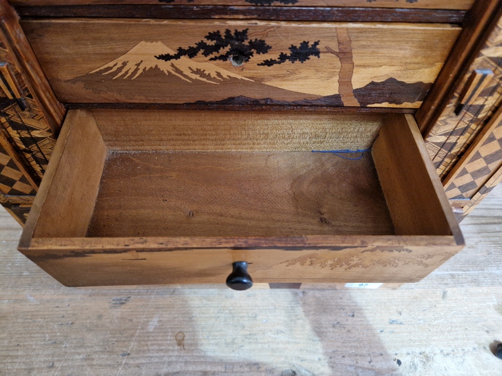 A Japanese parquetry inlaid miniautre cabinet. - Image 7 of 13