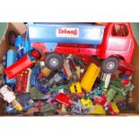 A box of assorted die-cast vehicles including Triang, Dinky, Lesney, Corgi.