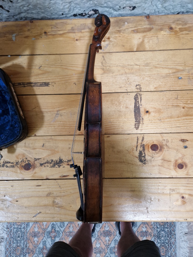 A German 19th century violin, one piece back, length 355mm, with bow stamped Homa, in hard case. - Image 7 of 18