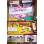 A box of die cast model vehicles including Dinky and Corgi, three in reproduction boxes.