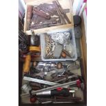 A box of mainly assorted horologist's spares and tools.