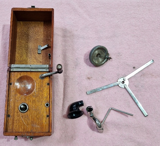 A Pocketphono portable gramophone, serial no. A1481, with red crackle-finish case together with - Image 2 of 2