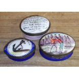 A group of three early 19th century Bilston type enamel patch boxes including one with scene