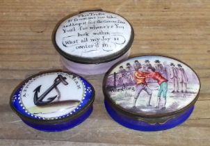 A group of three early 19th century Bilston type enamel patch boxes including one with scene