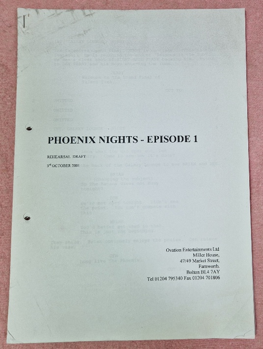 An original script from the Peter Kay series 'Phoenix Nights', Series two - Episode one, rehearsal