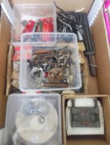 A box of mainly assorted horologist's spares and tools.