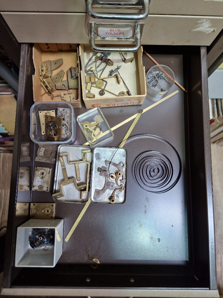 A 15 drawer triumph metal cabinet and contents comprising of clock making spares. - Image 10 of 16