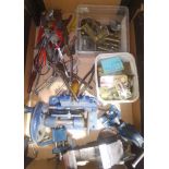 A box of mainly assorted horologist's spares and tools.