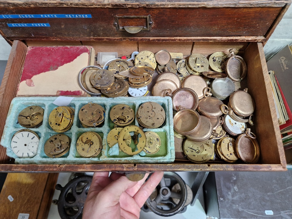 A five drawer horologist's chest and contents comprising watch and clock making spares. - Image 4 of 6