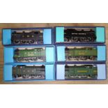 A group of six Hornby Dublo 3 rail EDL7 Tank Locomotives, two in reproduction boxes