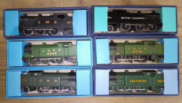 A group of six Hornby Dublo 3 rail EDL7 Tank Locomotives, two in reproduction boxes