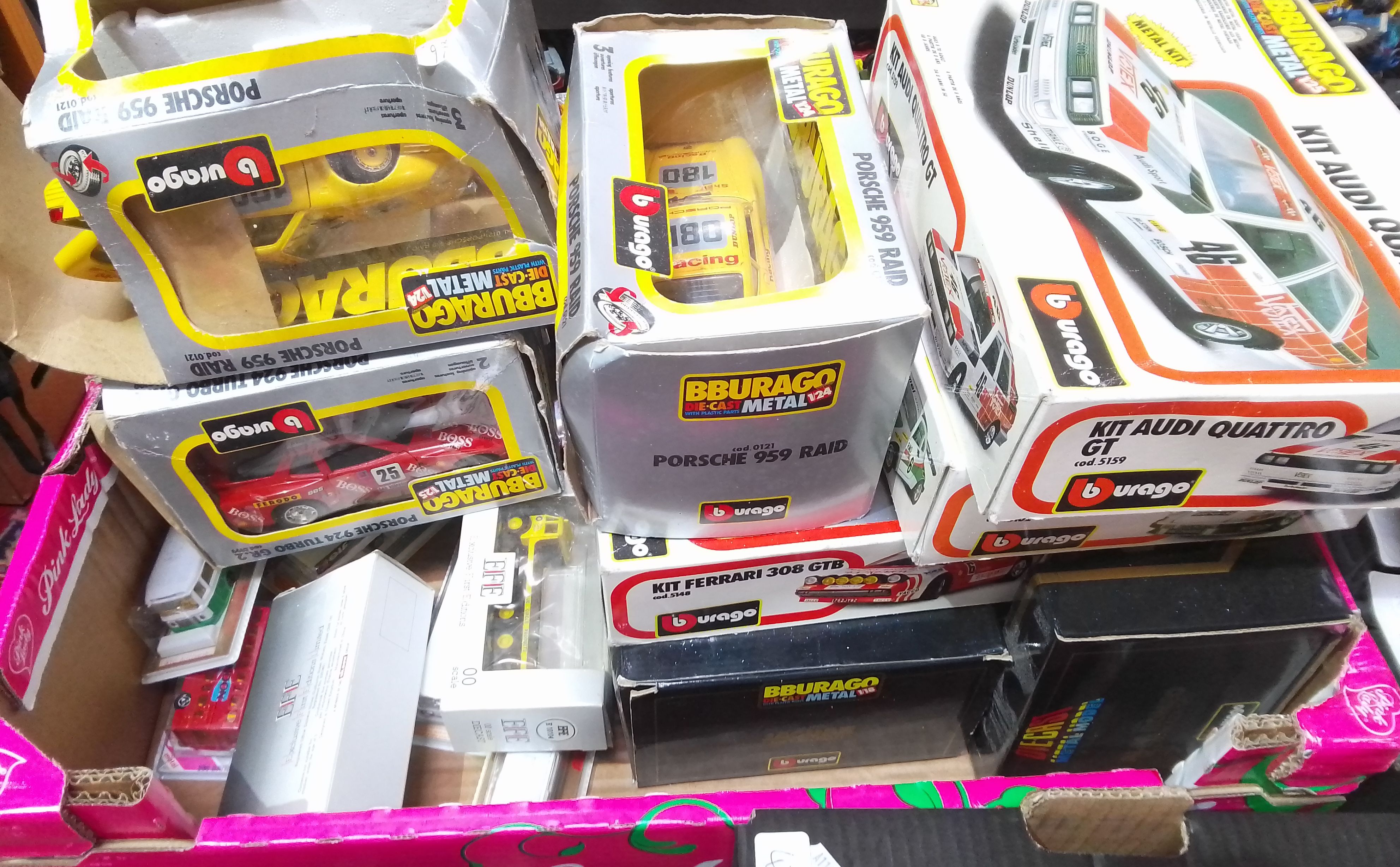 A box of mainly Burago model cars.