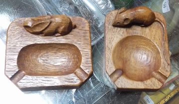 Two English oak carved ashtrays, one by Robert "Mouseman" Thompson and the other Peter "Rabbitman"