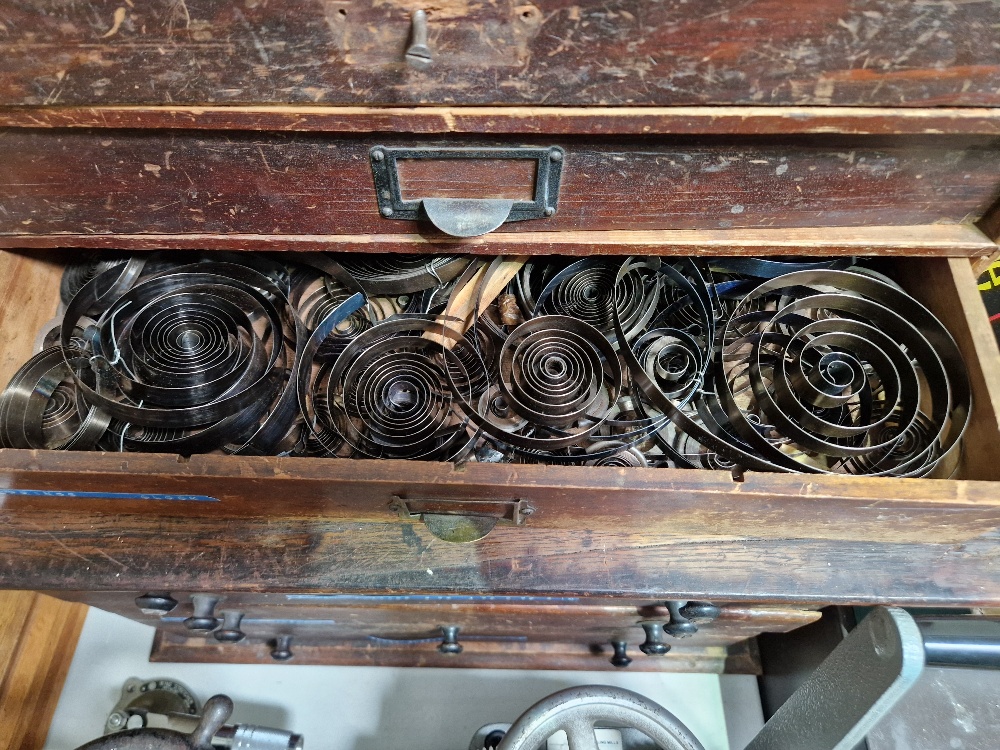 A five drawer horologist's chest and contents comprising watch and clock making spares. - Image 2 of 6