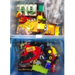 Two boxes of toys including Britain's farm vehicles, die cast model vehicles, etc.